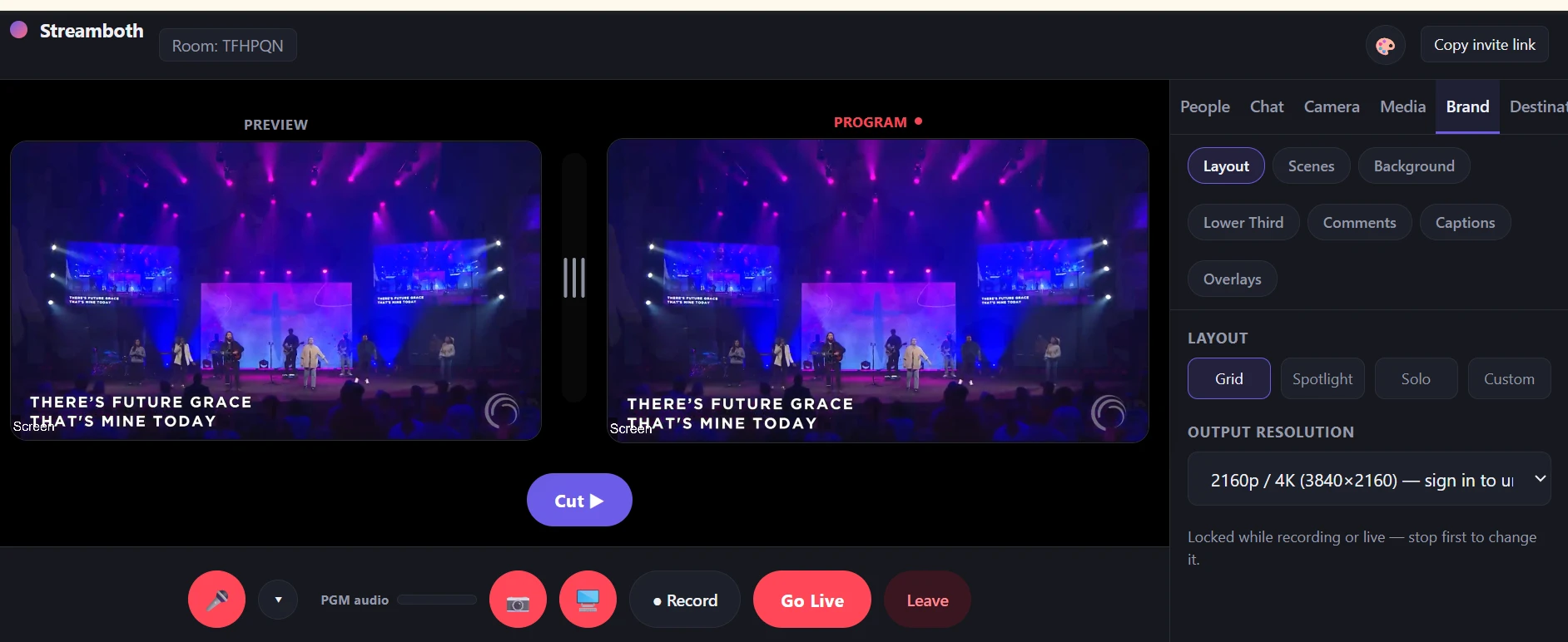 Streamboth's studio interface live-producing a church worship service, with Preview and Program monitors, layout controls, and a Go Live button